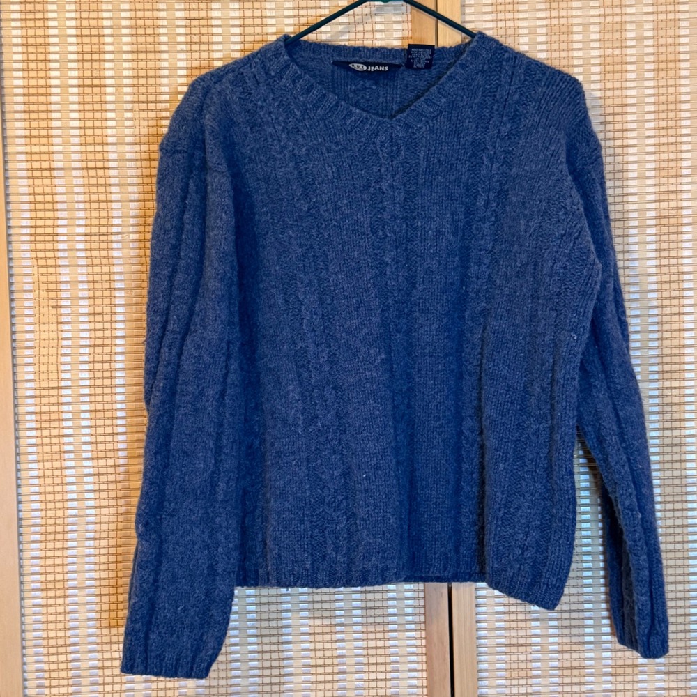 Rue21 Rue Jeans Blue 100% Wool Cable Knit V-Neck‎ Sweater Mens Large